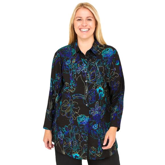 Chico's Design 100% SILK Black Embroidered Floral Button-Up Blouse Sz 2 (L/12) - Picture 1 of 7